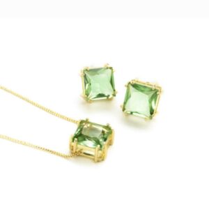 Conjunto Banho de Ouro 18K, cristal verde agua